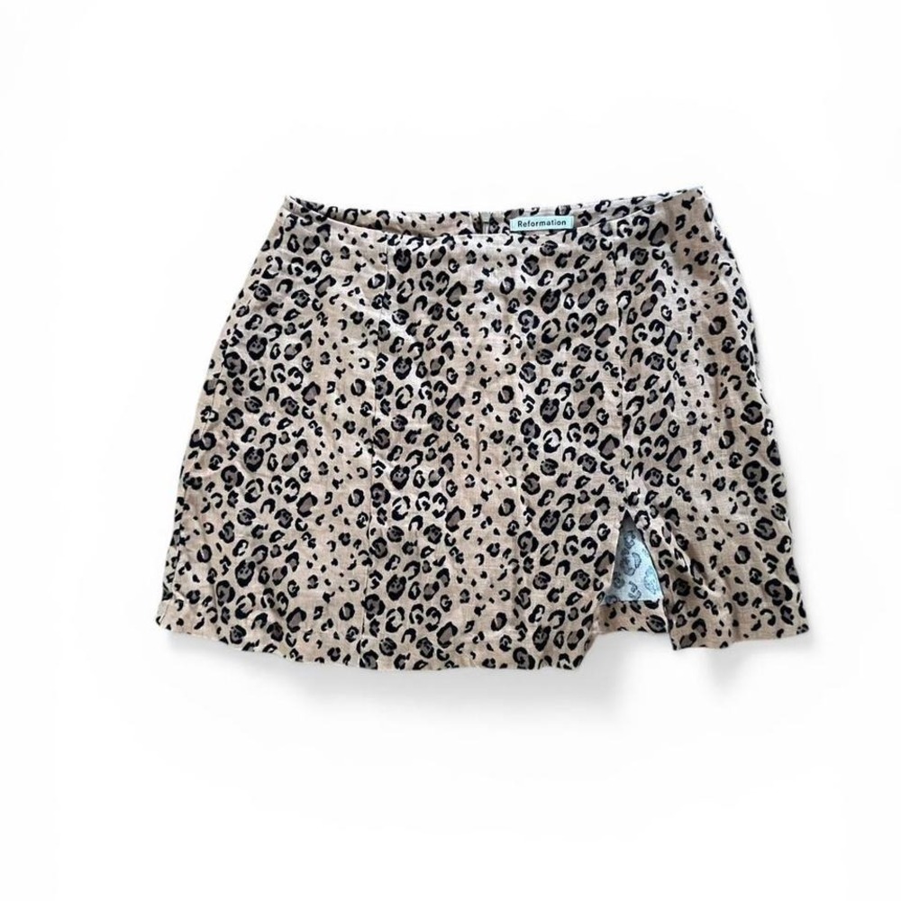 reformation leopard print mini skirt linen neutral brown tan cheetah print